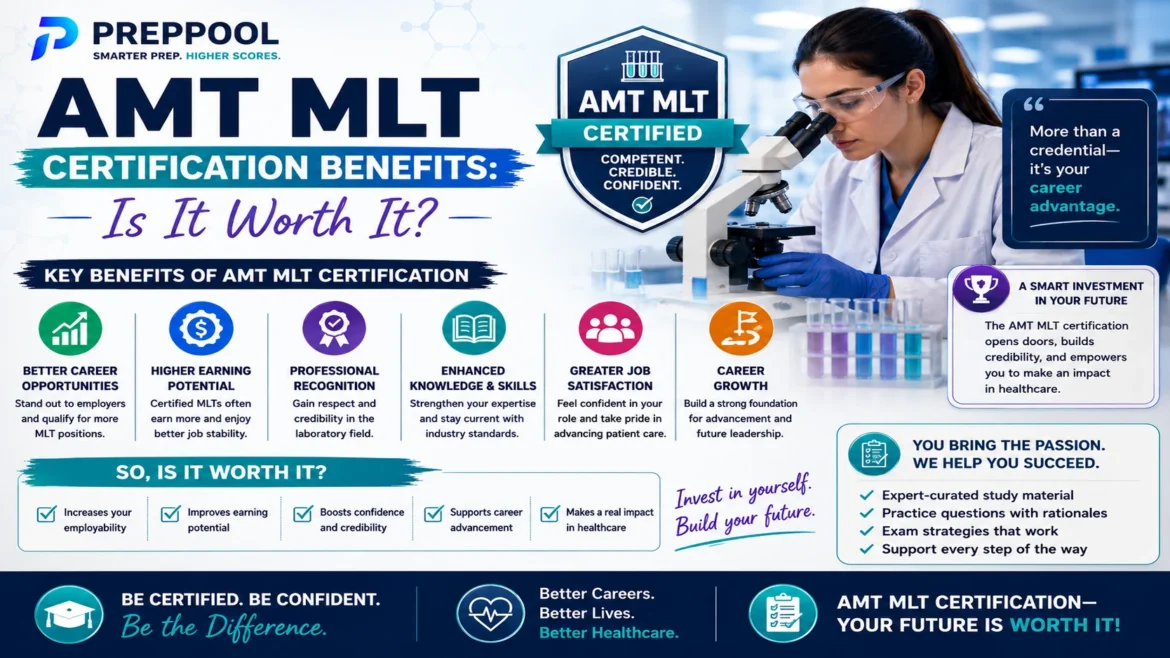AMT MLT Certification Benefits infographic highlighting career advancement, higher earning potential, professional recognition, laboratory skills development, and Medical Laboratory Technician career growth.