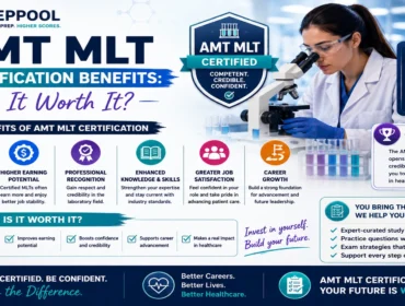 AMT MLT Certification Benefits infographic highlighting career advancement, higher earning potential, professional recognition, laboratory skills development, and Medical Laboratory Technician career growth.
