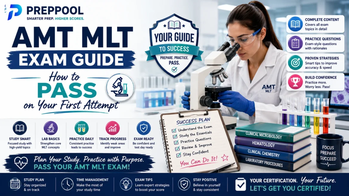 AMT MLT Exam Guide by PrepPool featuring medical laboratory technician study strategies, practice questions, laboratory science concepts, and first-attempt certification exam success tips.