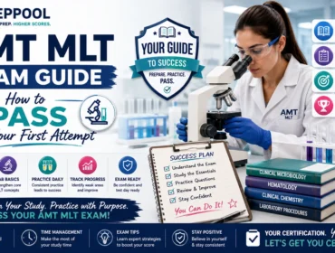 AMT MLT Exam Guide by PrepPool featuring medical laboratory technician study strategies, practice questions, laboratory science concepts, and first-attempt certification exam success tips.