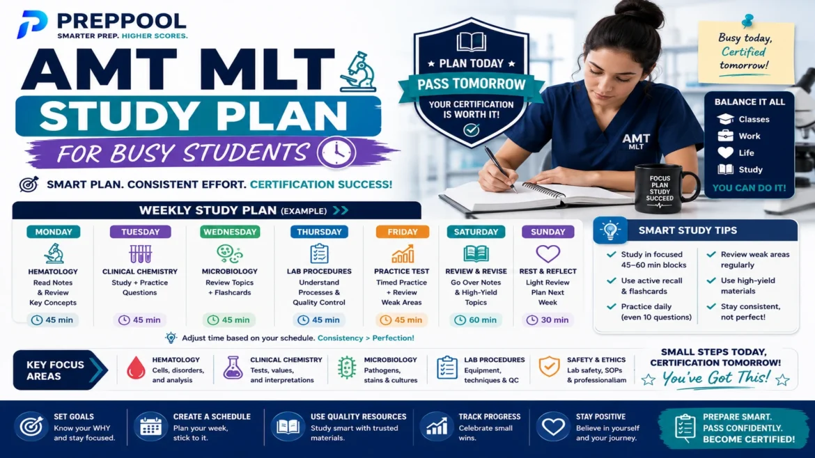 AMT MLT Study Plan for Busy Students infographic featuring weekly study schedules, laboratory science review topics, practice questions, time management strategies, and Medical Laboratory Technician exam preparation.