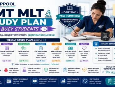 AMT MLT Study Plan for Busy Students infographic featuring weekly study schedules, laboratory science review topics, practice questions, time management strategies, and Medical Laboratory Technician exam preparation.