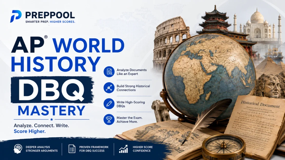 AP World History DBQ Mastery study guide by PrepPool featuring historical documents, world civilizations, DBQ writing strategies, source analysis, and exam preparation resources.
