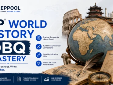 AP World History DBQ Mastery study guide by PrepPool featuring historical documents, world civilizations, DBQ writing strategies, source analysis, and exam preparation resources.