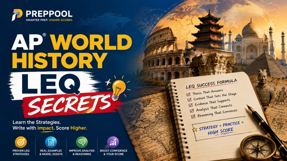 AP World History LEQ Secrets study guide by PrepPool featuring long essay writing strategies, historical analysis techniques, thesis development, and AP exam preparation resources.