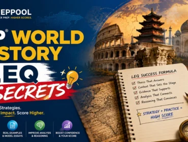 AP World History LEQ Secrets study guide by PrepPool featuring long essay writing strategies, historical analysis techniques, thesis development, and AP exam preparation resources.