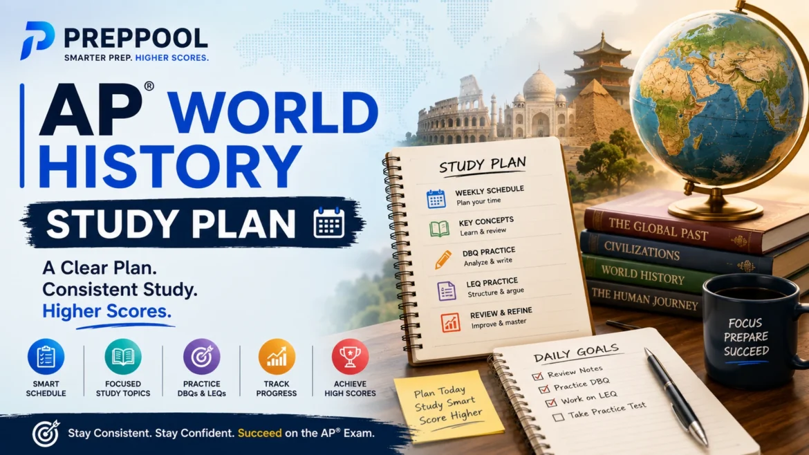 AP World History Study Plan by PrepPool featuring exam preparation schedule, DBQ practice, LEQ writing strategies, historical concepts review, and score improvement roadmap.