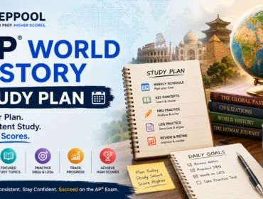 AP World History Study Plan by PrepPool featuring exam preparation schedule, DBQ practice, LEQ writing strategies, historical concepts review, and score improvement roadmap.