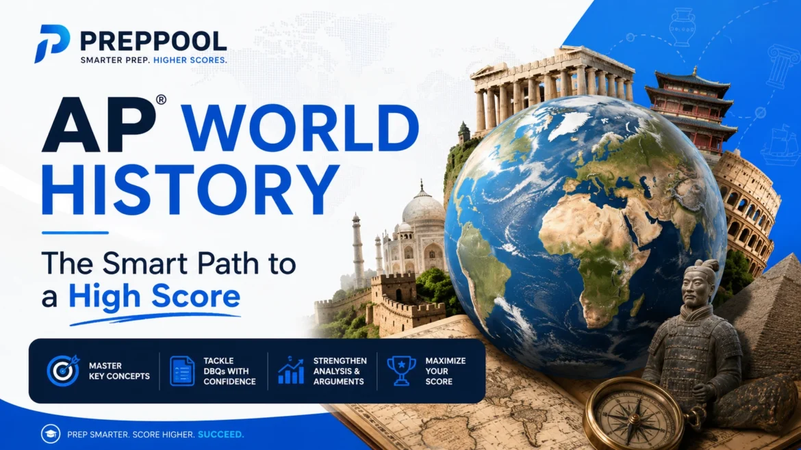 AP World History study guide by PrepPool featuring global historical landmarks, world map, exam preparation strategies, DBQ practice, and high score test prep resources.