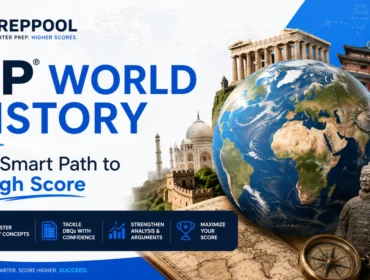 AP World History study guide by PrepPool featuring global historical landmarks, world map, exam preparation strategies, DBQ practice, and high score test prep resources.
