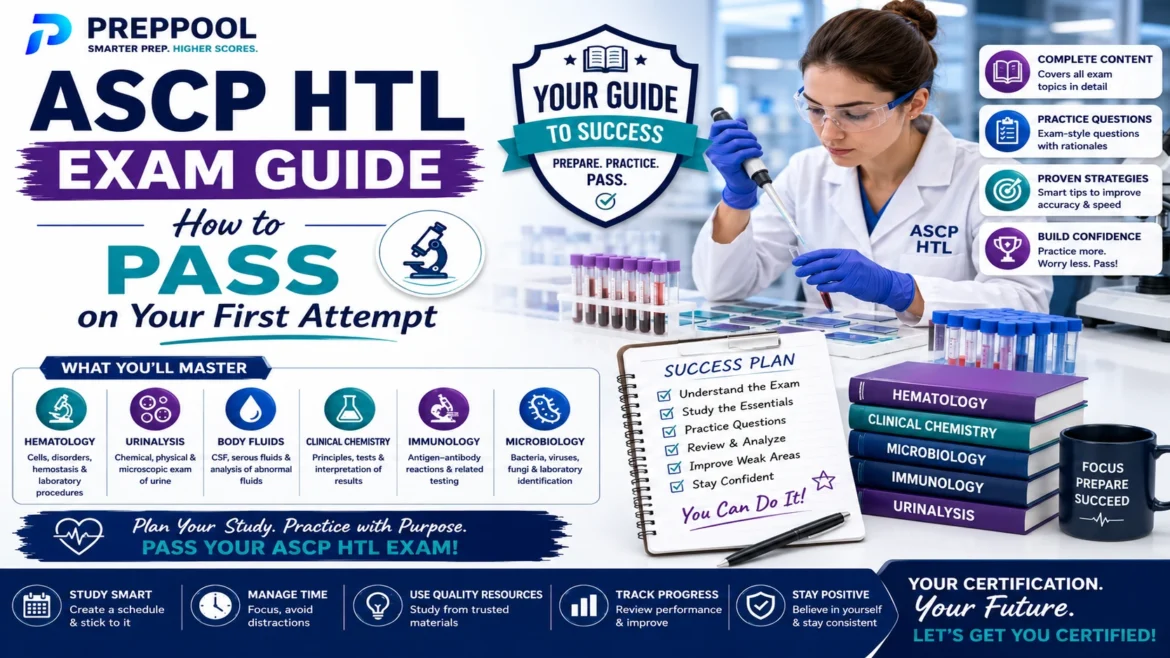 ASCP HTL Exam Guide featuring histotechnologist certification study strategies, laboratory science review topics, practice questions, and first-attempt exam success tips.