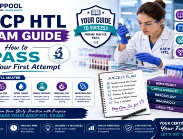 ASCP HTL Exam Guide featuring histotechnologist certification study strategies, laboratory science review topics, practice questions, and first-attempt exam success tips.