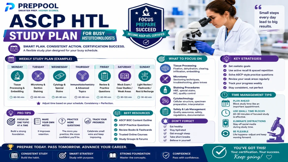ASCP HTL Study Plan for Busy Histotechnologists infographic featuring weekly study schedules, histotechnology review topics, practice questions, time management strategies, and certification exam preparation.