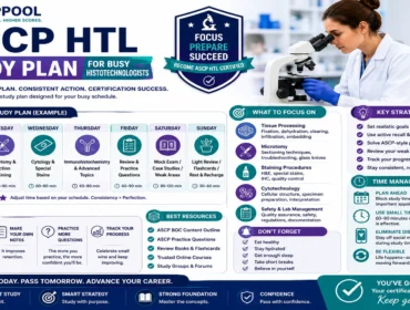 ASCP HTL Study Plan for Busy Histotechnologists infographic featuring weekly study schedules, histotechnology review topics, practice questions, time management strategies, and certification exam preparation.