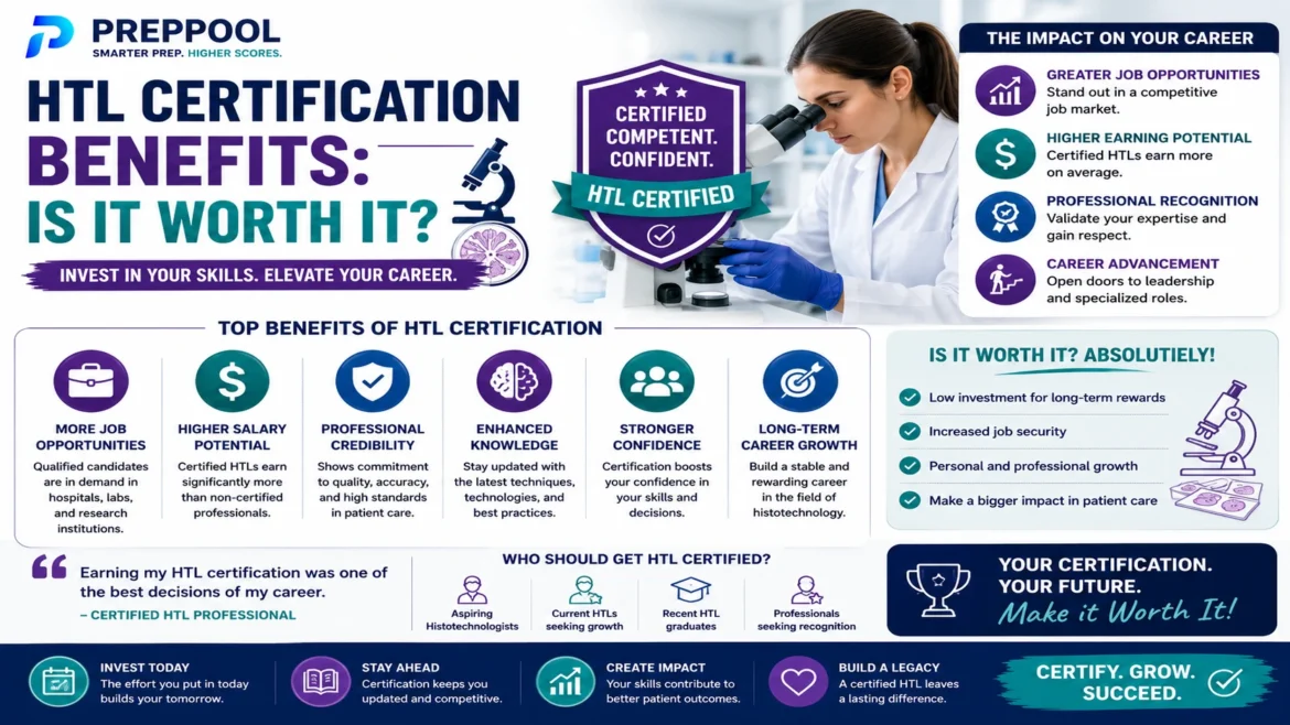 HTL Certification Benefits infographic highlighting career advancement, higher salary potential, professional credibility, enhanced histotechnology skills, and long-term career growth.