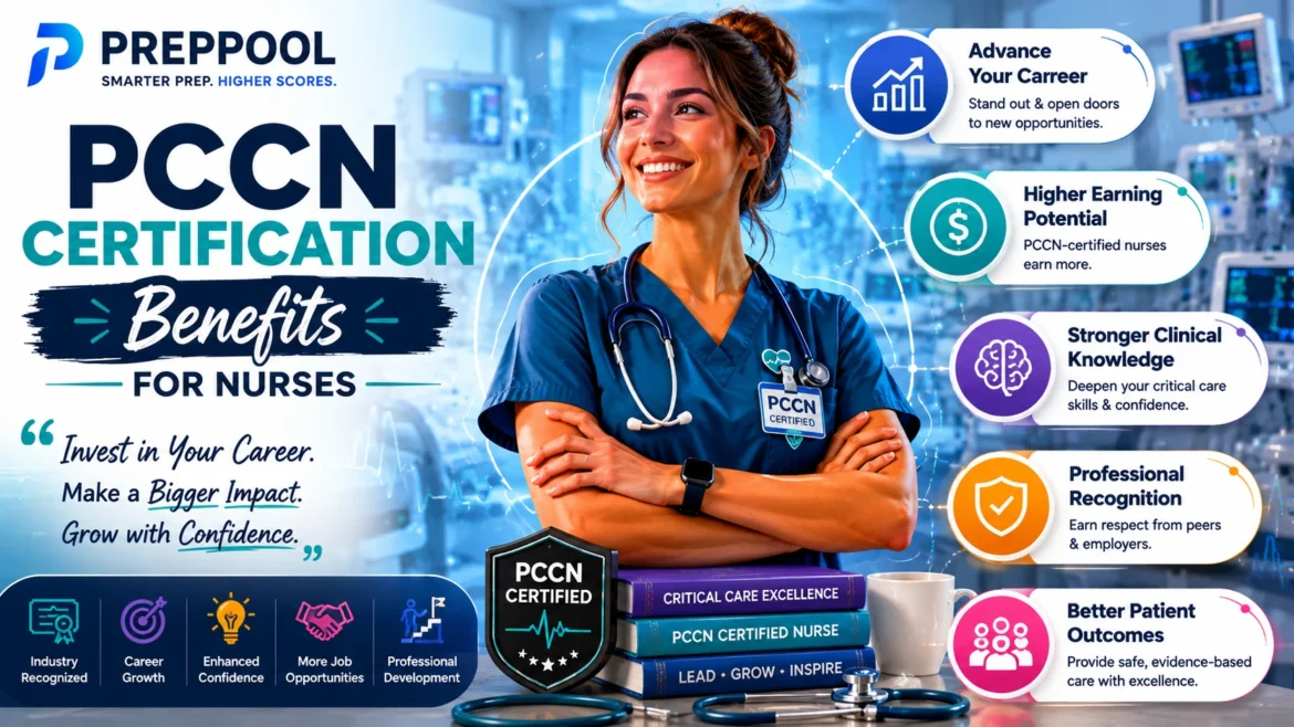 PCCN Certification Benefits for Nurses infographic showing career advancement, higher earning potential, professional recognition, clinical knowledge growth, and improved patient outcomes.