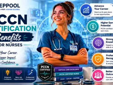 PCCN Certification Benefits for Nurses infographic showing career advancement, higher earning potential, professional recognition, clinical knowledge growth, and improved patient outcomes.
