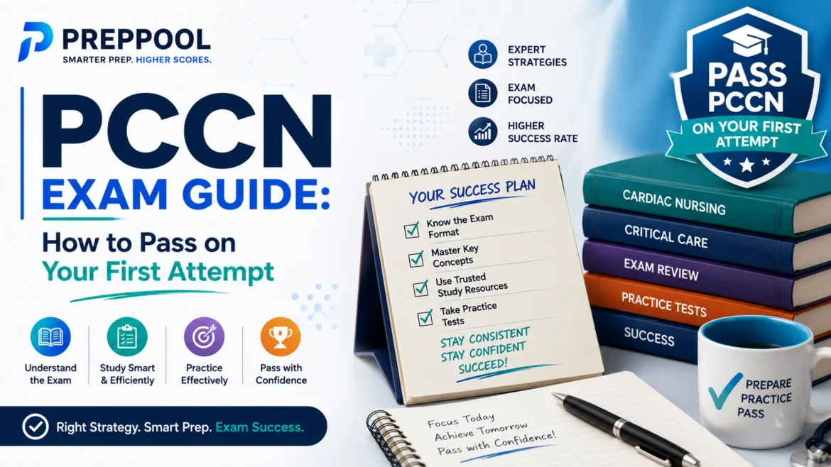 PCCN Exam Guide by PrepPool featuring critical care nursing study strategies, practice tests, exam preparation tips, and a roadmap for passing the PCCN exam on the first attempt.