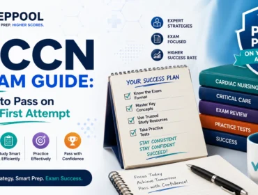 PCCN Exam Guide by PrepPool featuring critical care nursing study strategies, practice tests, exam preparation tips, and a roadmap for passing the PCCN exam on the first attempt.