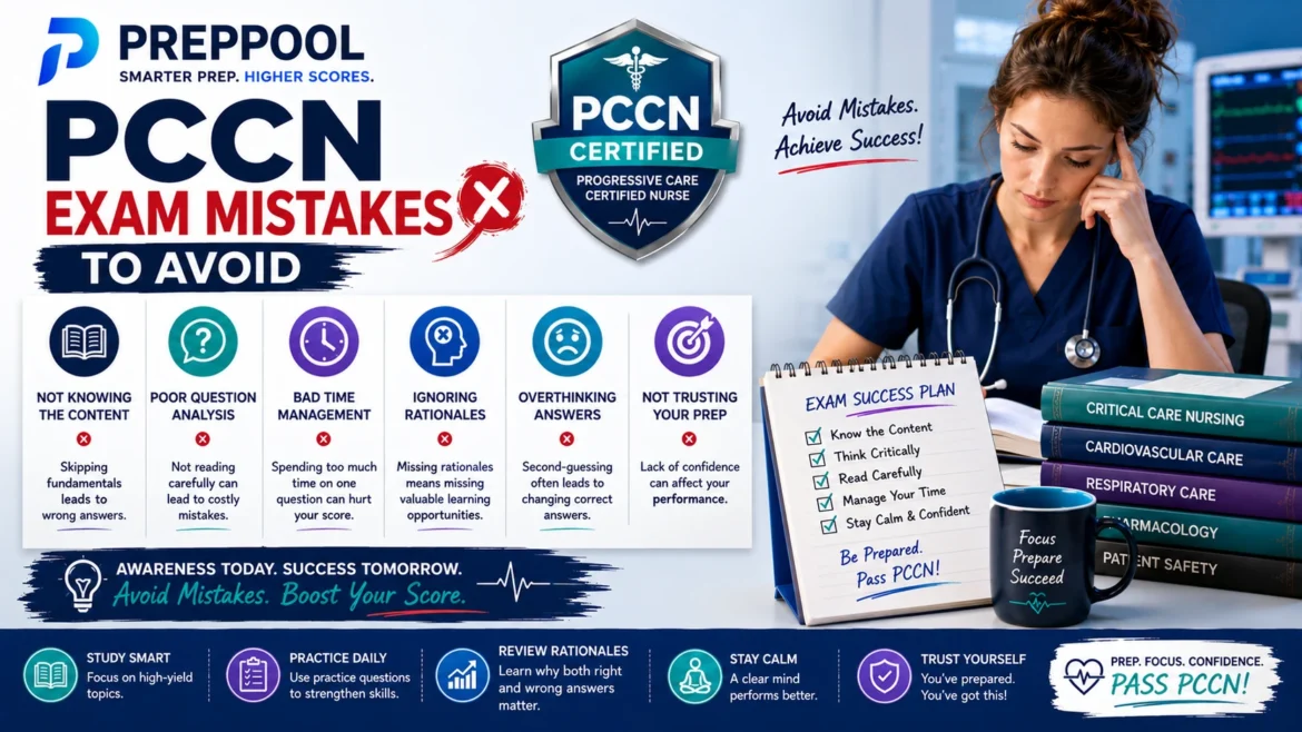 PCCN Exam Mistakes to Avoid infographic featuring common test-taking errors, time management issues, question analysis tips, study strategies, and PCCN certification preparation guidance.