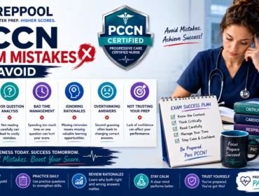 PCCN Exam Mistakes to Avoid infographic featuring common test-taking errors, time management issues, question analysis tips, study strategies, and PCCN certification preparation guidance.
