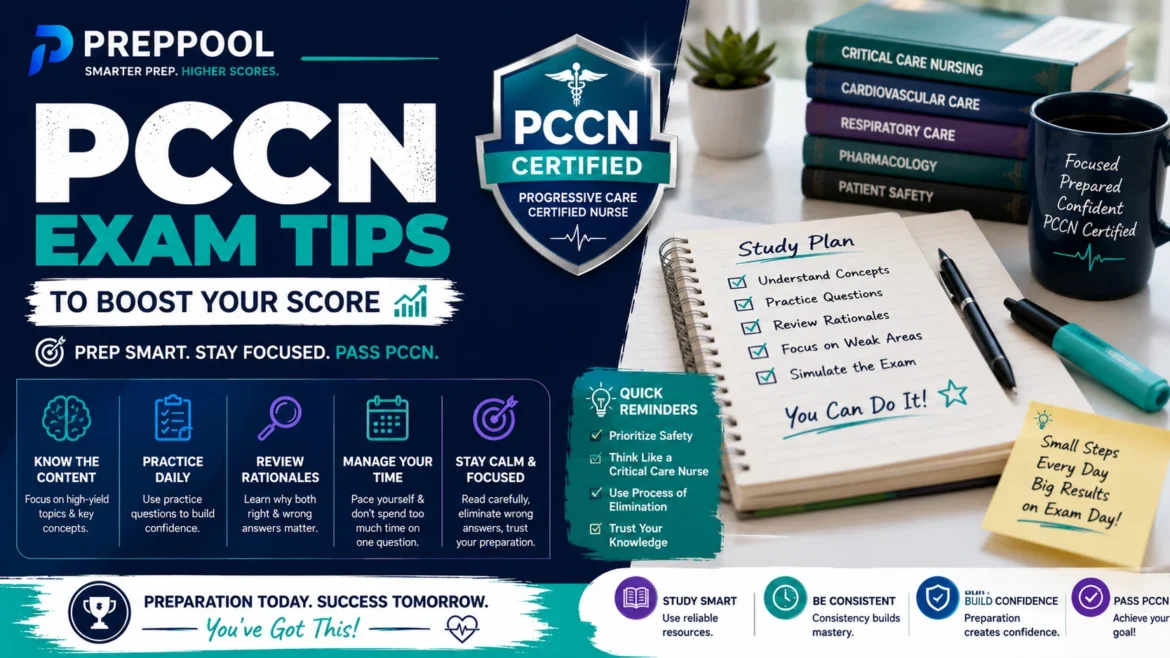 PCCN Exam Tips to Boost Your Score infographic featuring study strategies, practice questions, time management techniques, critical care nursing concepts, and PCCN exam preparation guidance.