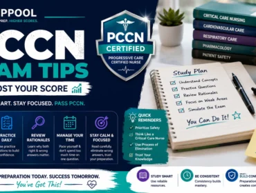 PCCN Exam Tips to Boost Your Score infographic featuring study strategies, practice questions, time management techniques, critical care nursing concepts, and PCCN exam preparation guidance.