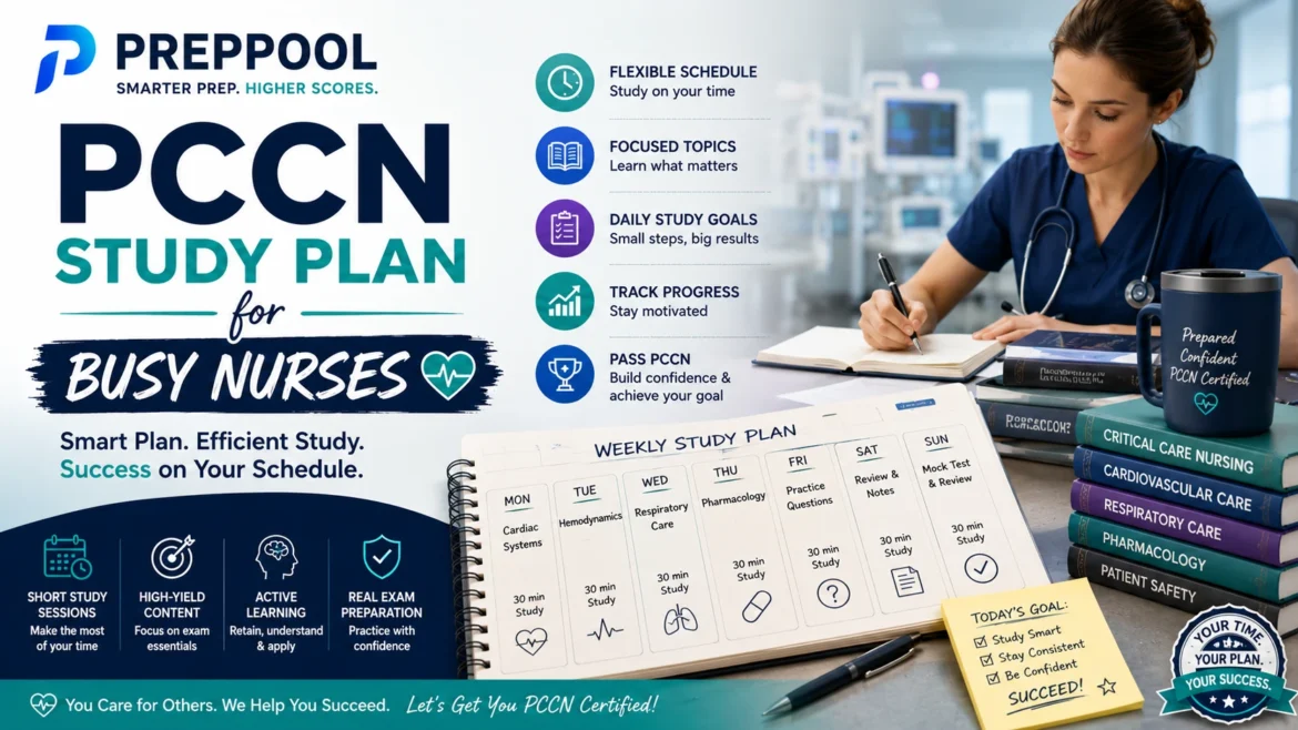 PCCN Study Plan for Busy Nurses by PrepPool featuring flexible study schedules, critical care nursing review topics, practice questions, and time-saving exam preparation strategies.