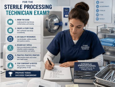infographic showing a sterile processing technician studying for a certification exam in a clinical sterilization room with study tips, medical instruments, and exam preparation materials.