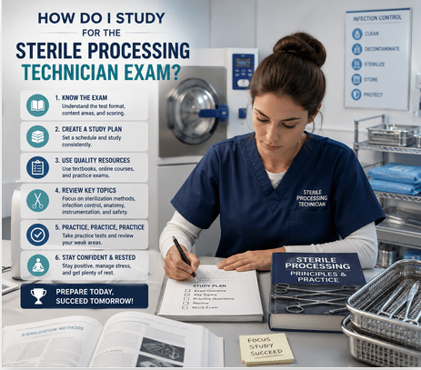 infographic showing a sterile processing technician studying for a certification exam in a clinical sterilization room with study tips, medical instruments, and exam preparation materials.