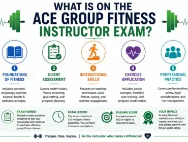 Infographic explaining the ACE Group Fitness Instructor Exam topics including fitness foundations, client assessment, instructional skills, exercise application, and professional practice.