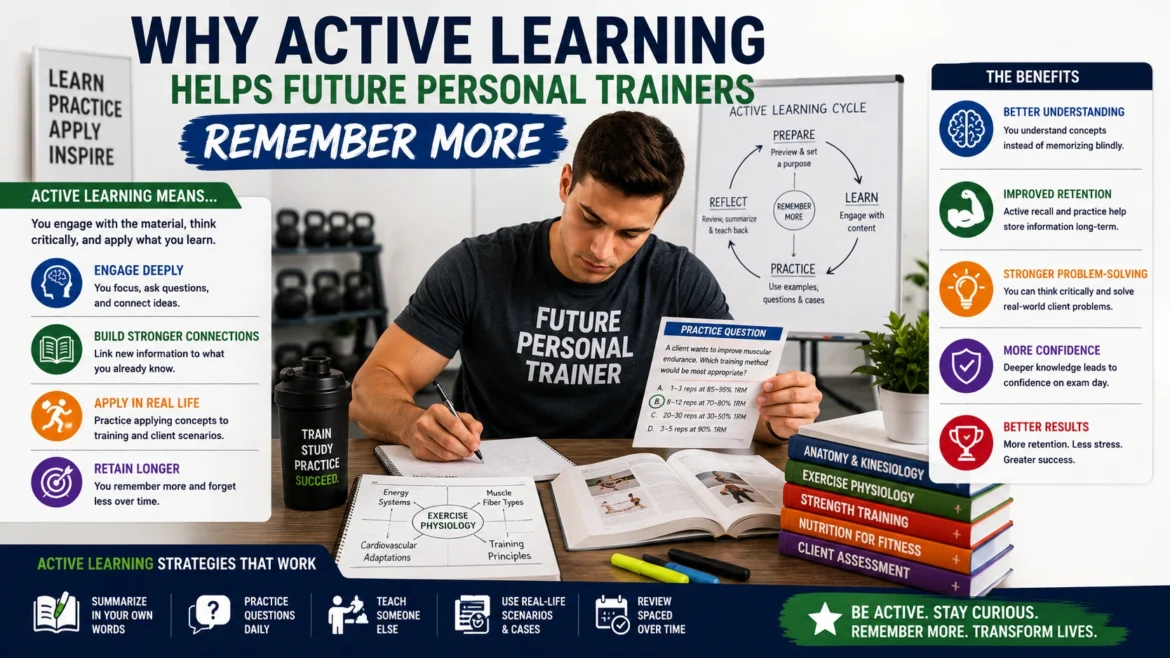 Future personal trainer studying with practice questions, fitness textbooks, and active learning techniques, demonstrating how active learning improves knowledge retention, critical thinking, confidence, and long-term exam preparation success.
