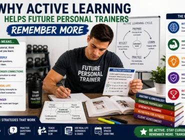 Future personal trainer studying with practice questions, fitness textbooks, and active learning techniques, demonstrating how active learning improves knowledge retention, critical thinking, confidence, and long-term exam preparation success.