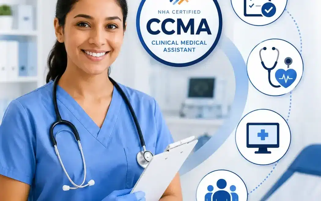 Professional NHA Certified Clinical Medical Assistant (CCMA) healthcare worker in blue scrubs holding a clipboard in a modern medical clinic with certification and healthcare icons.