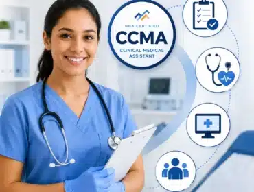 Professional NHA Certified Clinical Medical Assistant (CCMA) healthcare worker in blue scrubs holding a clipboard in a modern medical clinic with certification and healthcare icons.