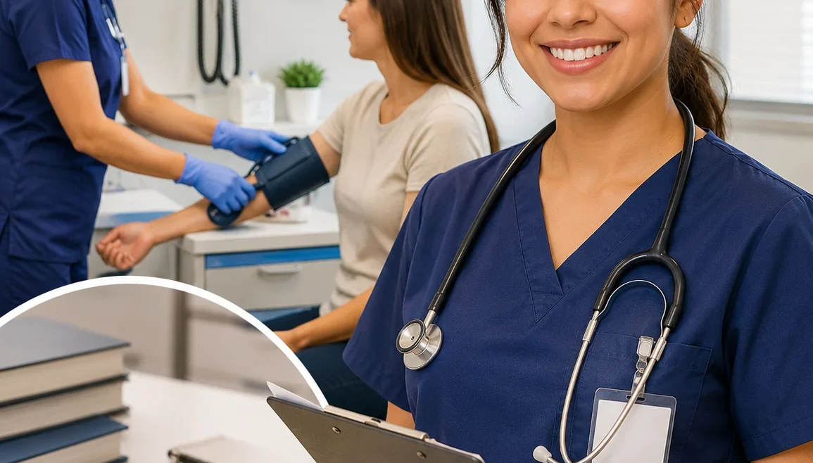 Certified Clinical Medical Assistant (CCMA) working in a modern medical clinic while assisting a patient during a healthcare examination.