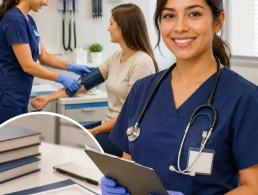 Certified Clinical Medical Assistant (CCMA) working in a modern medical clinic while assisting a patient during a healthcare examination.