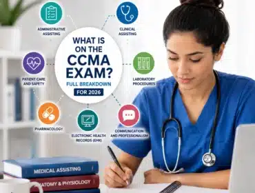 Medical assistant student studying for the CCMA exam with healthcare topic icons including pharmacology, clinical assisting, patient care, laboratory procedures, and EHR in a modern study environment.