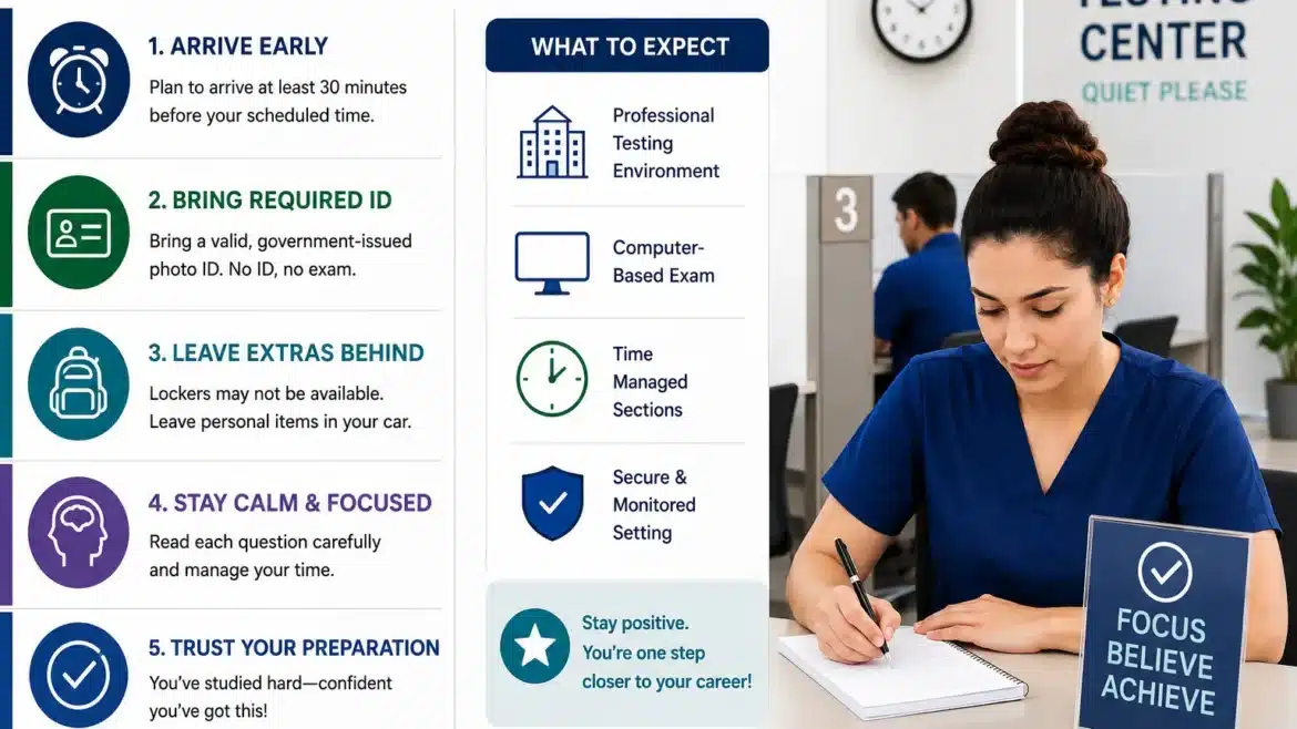 Medical assistant student taking the CCMA exam in a professional testing center with exam day preparation tips, checklist icons, and a focused study environment.