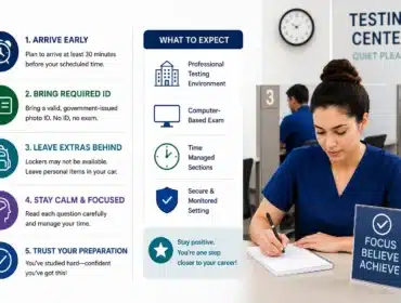 Medical assistant student taking the CCMA exam in a professional testing center with exam day preparation tips, checklist icons, and a focused study environment.