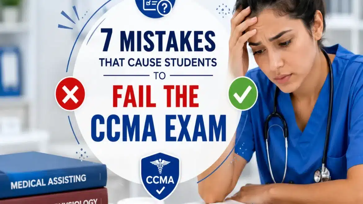 Professional CCMA exam preparation infographic showing common mistakes that cause students to fail the Certified Clinical Medical Assistant exam, featuring a stressed medical student, study materials, and exam preparation tips.