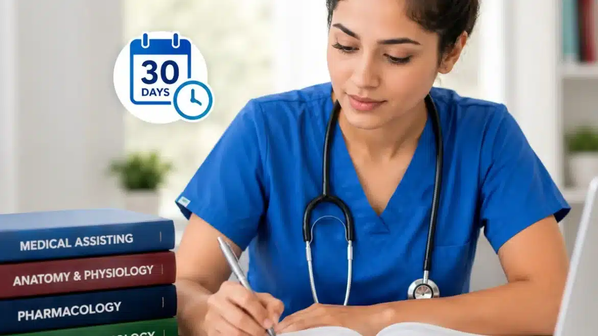 Focused medical assistant student studying for the CCMA exam with books, laptop, and a 30-day study plan icon in a clean modern study environment.