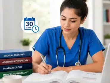 Focused medical assistant student studying for the CCMA exam with books, laptop, and a 30-day study plan icon in a clean modern study environment.