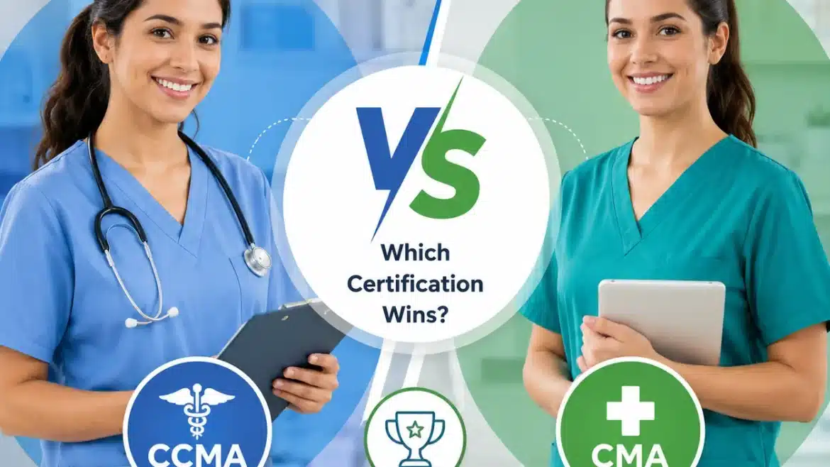 Professional comparison image of CCMA vs CMA certification featuring two medical assistants in scrubs with healthcare icons and a central VS badge in a modern clinical setting.