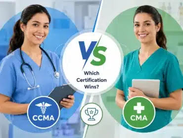 Professional comparison image of CCMA vs CMA certification featuring two medical assistants in scrubs with healthcare icons and a central VS badge in a modern clinical setting.