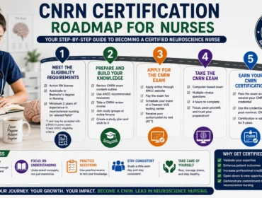 ication with a step-by-step certification roadmap infographic, highlighting exam preparation, eligibility requirements, study strategies, practice questions, and professional growth in neuroscience nursing.