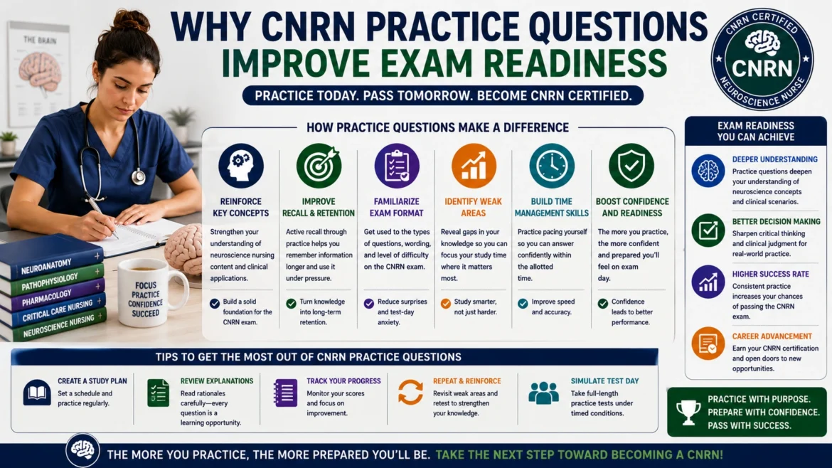 Neuroscience nurse studying CNRN practice questions with nursing textbooks, study notes, and exam preparation materials, highlighting how practice questions improve recall, confidence, clinical decision-making, and overall CNRN exam readiness.