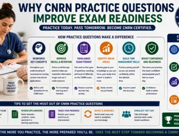 Neuroscience nurse studying CNRN practice questions with nursing textbooks, study notes, and exam preparation materials, highlighting how practice questions improve recall, confidence, clinical decision-making, and overall CNRN exam readiness.