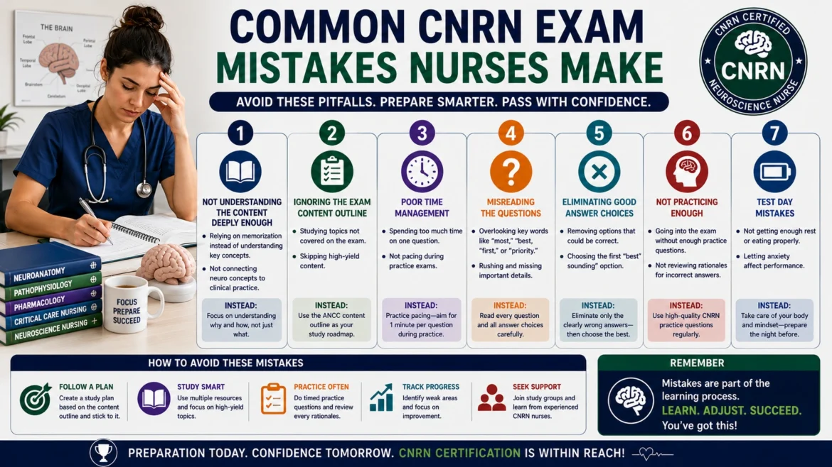 Neuroscience nurse studying for the CNRN certification exam with nursing textbooks, notes, and exam preparation materials, highlighting common CNRN exam mistakes such as poor time management, lack of practice questions, and ineffective study strategies.