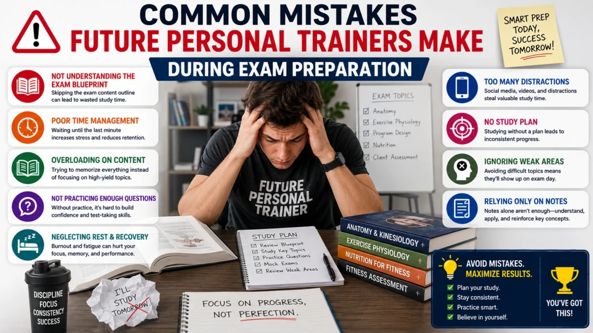 Stressed personal trainer certification student studying exam materials with fitness textbooks, notes, and study plans, highlighting common mistakes during personal trainer exam preparation such as poor time management, lack of practice questions, and ineffective study habits.